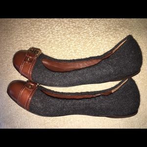 Tory Burch wool leather cap toe gathered flats